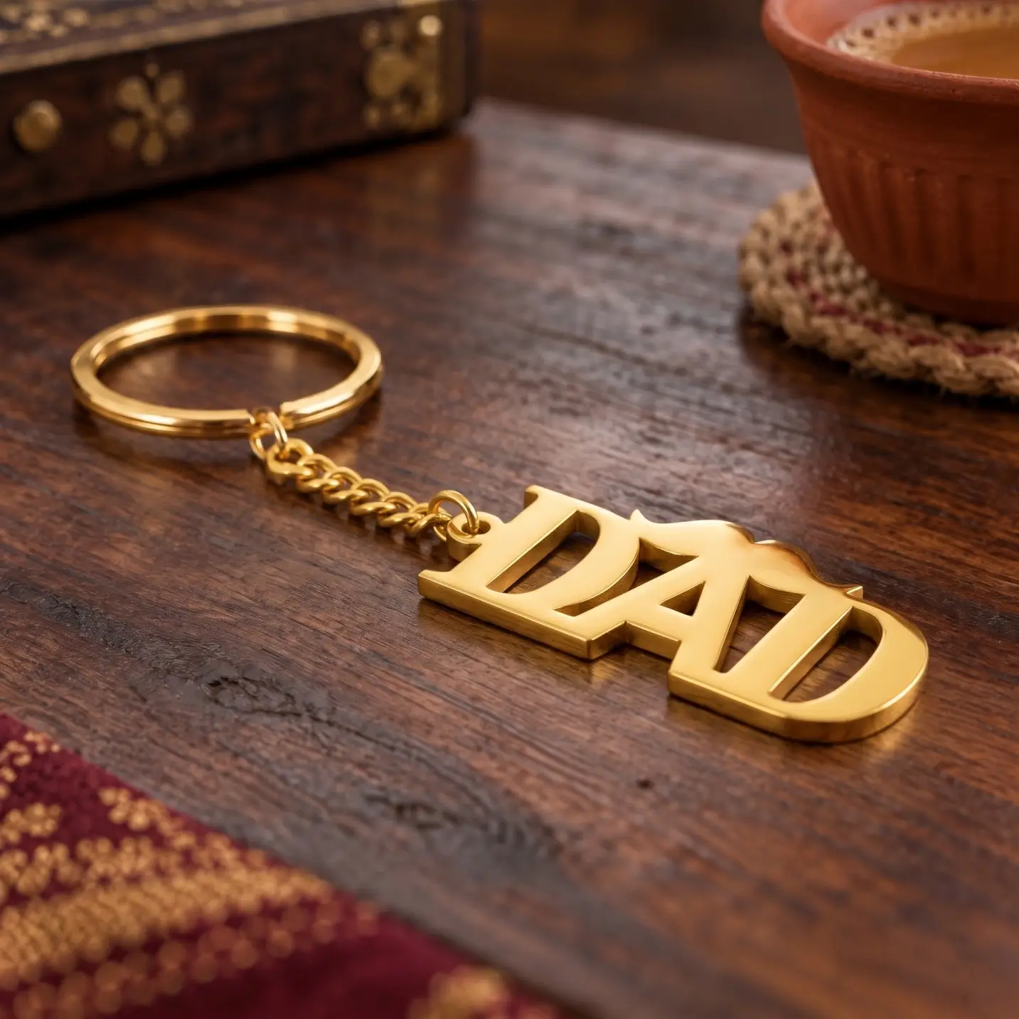 DAD Letter Keychain for Father’s Day - Wooden Table Display DAD Letter Keychain for Father’s Day in a golden finish, on a wooden tabletop