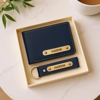 Navy Blue Premium Wallet And Keychain Combo