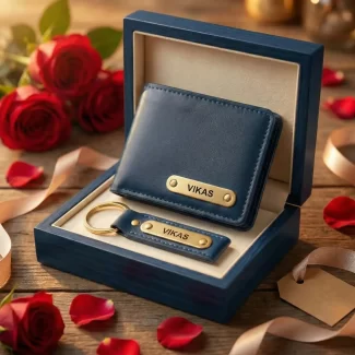 Navy Blue Premium Wallet And Keychain Combo