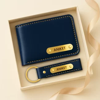 Navy Blue Premium Wallet And Keychain Combo