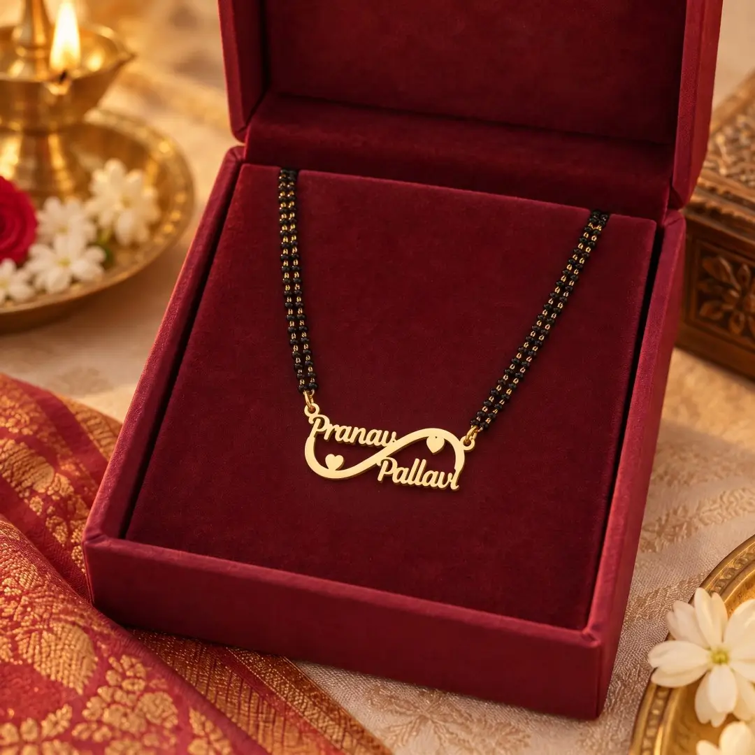 Double Heart Infinity Couple Name Necklace – With a black-beaded chain in a red display box Double Heart Infinity Couple Name Necklace with a black-beaded chain in a red display box