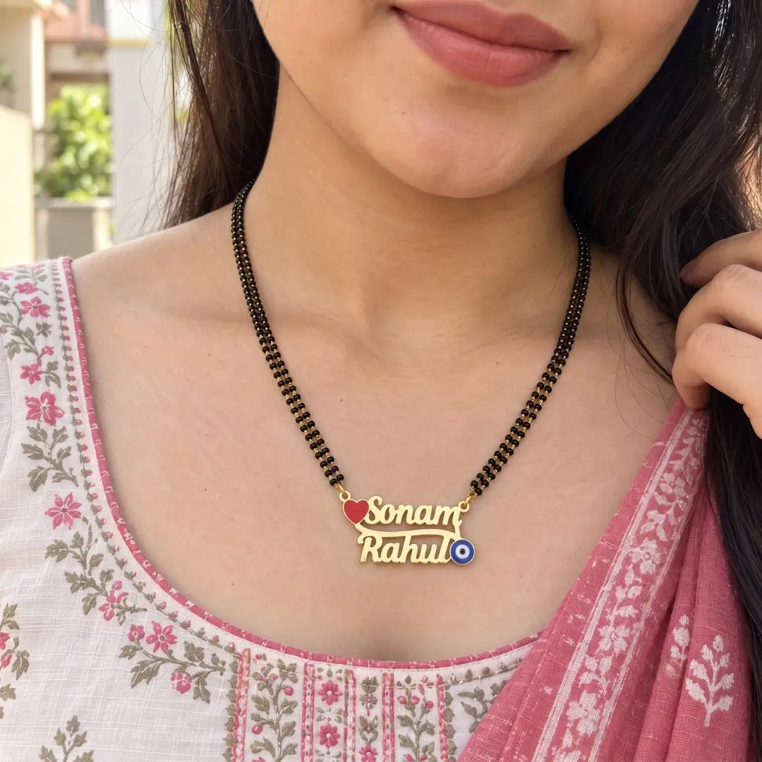 Rose and Evil Eye Couple Name Necklace Pendant – With a black-beaded chain shown on a model Rose and Evil Eye Couple Name Necklace Pendant with a black-beaded chain shown on a model