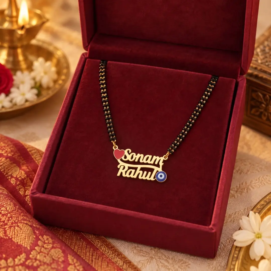 Rose and Evil Eye Couple Name Necklace Pendant – With a black-beaded chain in a red display box Rose and Evil Eye Couple Name Necklace Pendant with a black-beaded chain in a red display box
