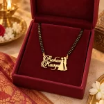 Couple Design Name Necklace with a black-beaded chain in a red display box