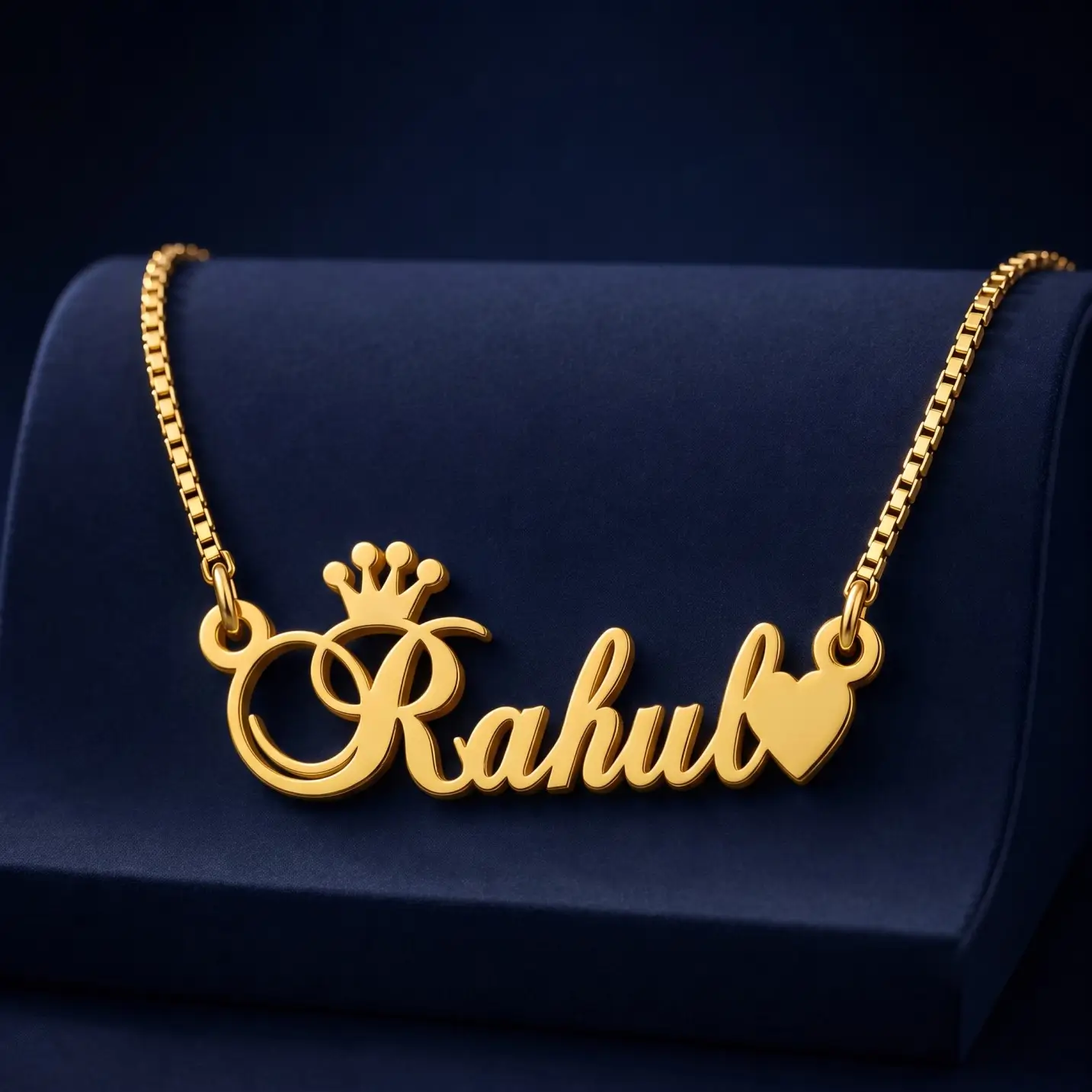 Crown and Heart Name Necklace – Velvet Display Gold-tone crown and heart name necklace on a navy velvet display