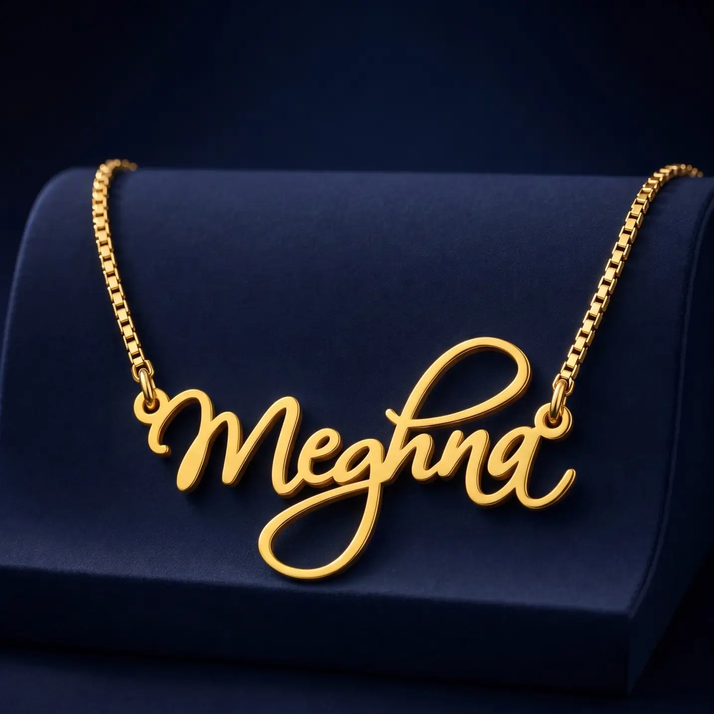 Curved Letter Name Necklace – Velvet Display Gold-tone curved cursive name necklace on a navy velvet display