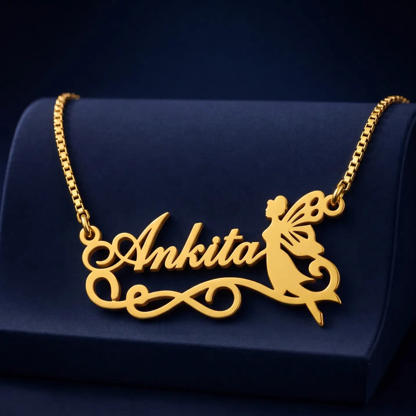 Fairy Angel Name Pendant – Velvet Display Gold-tone fairy silhouette name pendant on a navy velvet display