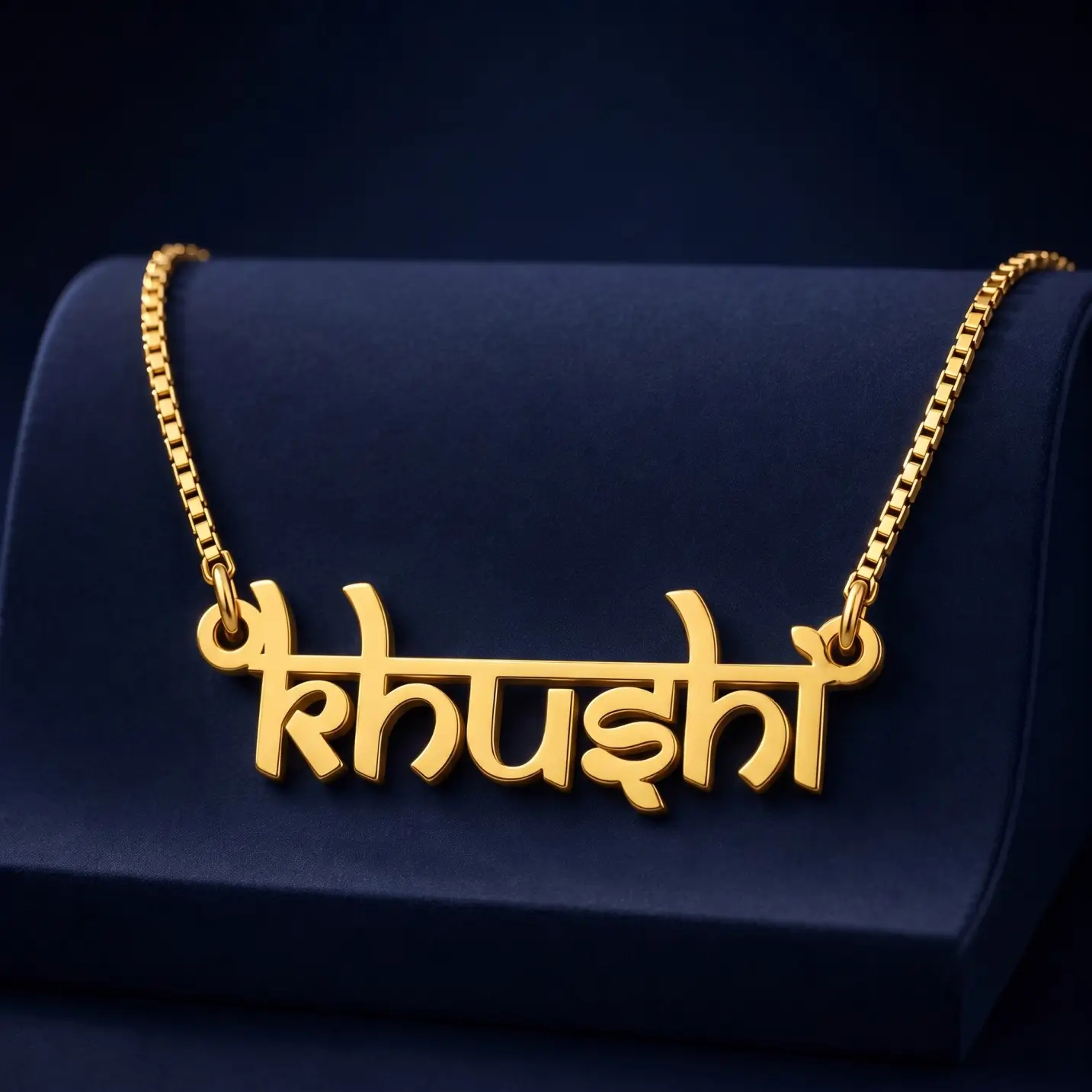 Indian Style Name Necklace – Velvet Display Gold-tone Indian style name necklace on a navy velvet display