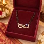Blue Evil Eye Infinity Couple Name Necklace with a black-beaded chain in a red display box
