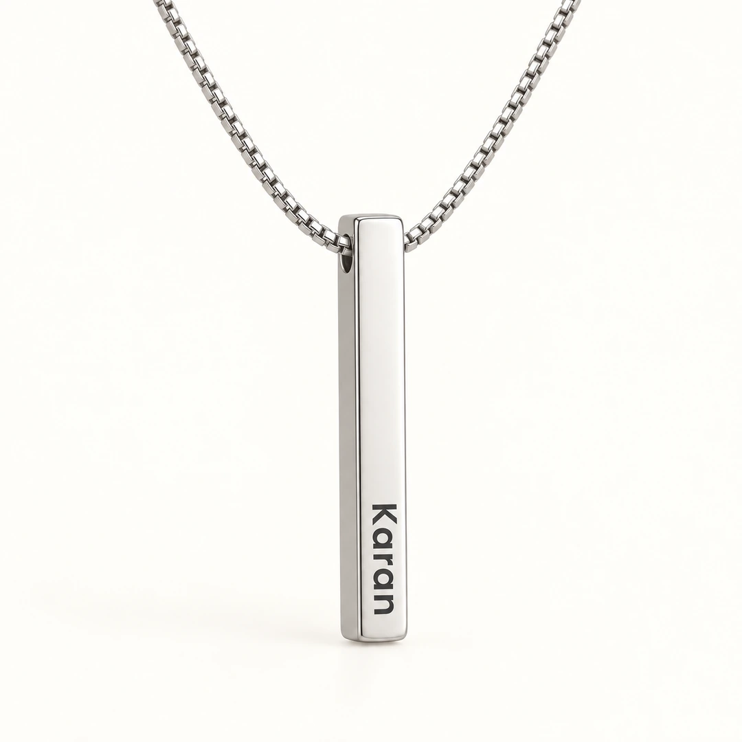 Personalized Silver Finish 3D Bar Pendant – On an cream background Personalized Silver Finish 3D Bar Pendant on an cream background